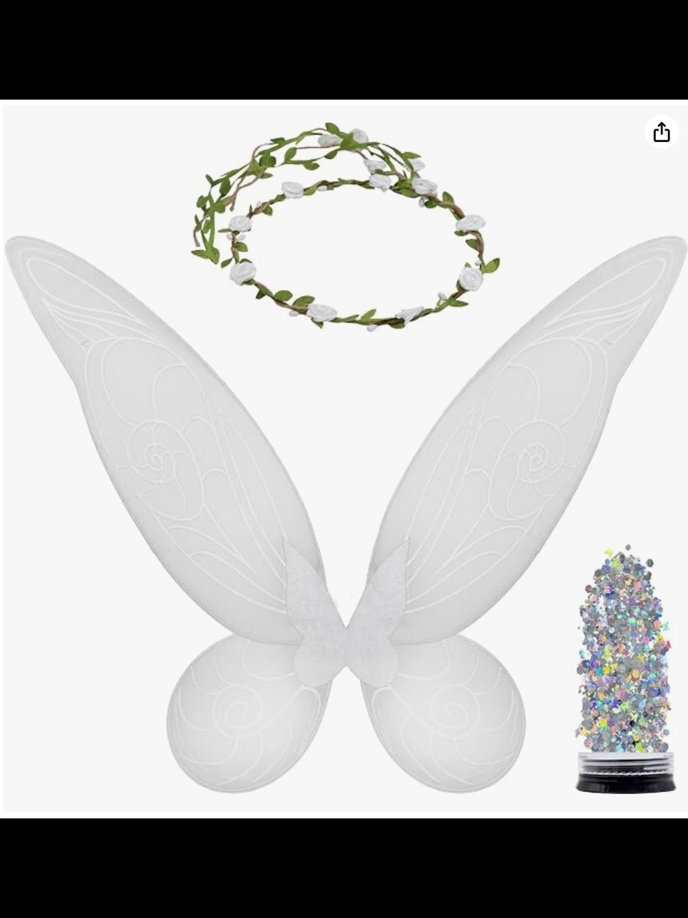 White Fairy Wings Costume Set with Flower Crown and Glitter For Girls/Women